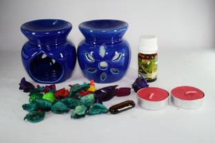 Bright Shop Ceramic Aroma Air Freshner Tea Light Diffuser Combo Pack of 2( Blue Colour) Floral Fragrance (10ML) & 2 Candles Diffuser Set