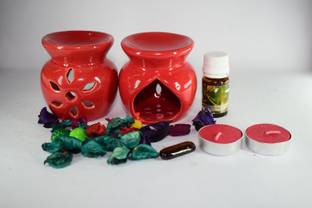 Bright Shop Ceramic Aroma Air Freshner Tea Light Diffuser Combo Pack of 2( Red Colour) Floral Fragrance (10ML) & 2 Candles Diffuser Set