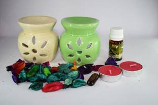 Bright Shop Ceramic Aroma Air Freshner Tea Light Diffuser Combo Pack of 2( White & Green Colour) Floral Fragrance (10ML) & 2 Candles Diffuser Set