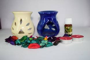 Bright Shop Ceramic Aroma Air Freshner Tea Light Diffuser Combo Pack of 2( White & Blue Colour) Leaf Cut Floral Fragrance (10ML) Diffuser Set