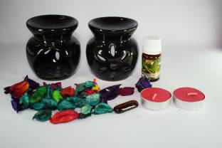 Bright Shop Ceramic Aroma Air Freshner Tea Light Diffuser Combo Pack of 2( Black Colour) Floral Fragrance (10ML) & 2 Candles Diffuser Set