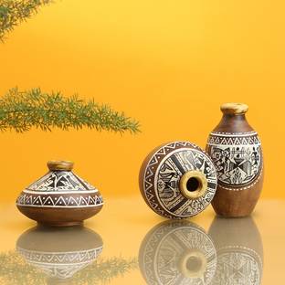 Exclusivelane Warli Hand Painted Terracotta Mini Pots Set Of 3