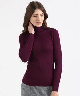 Turtle Neck Casual Women Purple Sweater 