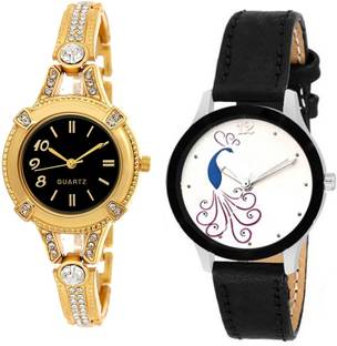 Lifetime New Attractive Black Leather Belt And Gold Metal Belt With Diamond Around Dial Girl S Wrist