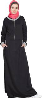 Nazneen NHF101Front closer contrast band, cuff Travel(XL) Cotton Blend Solid Abaya With Hijab