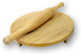 ROYAL SPOONS Royal Wooden Round Polpat-Roti Roller/Chakla-Belan/Rolling Pin Set (Yellow - Mango Wood) - 10 Inch Rolling Pin & Board