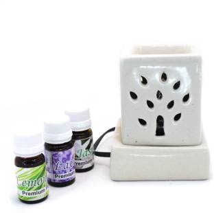 Lyallpur Stores Ceramic Aroma Electric Diffuser /Aroma Oil Lamp/Ceramic Burner Mini Square Shape ( WHITE) for Home | Office | Gym | Spa. With (30 ML) Fragrance Oil (10 ml Each) Diffuser Set