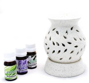 Lyallpur Stores Ceramic Aroma Oil Burner Electric Diffuser Matki Shape Medium Size (White) For Room ,Gym,Spa & office With 30 ml Fragrance Oil( 10 ml Each) Diffuser Set