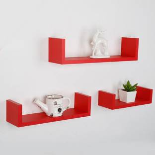 Reshuz Mdf U Shape Wall Shelves 3 Pcs, Red Floating Shelves