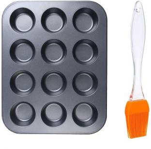 IARA Non Stick Coated Aluminium 12 Cups Muffin Cupcakes Baking Tray with Silicone Brush Kitchen Tool Set