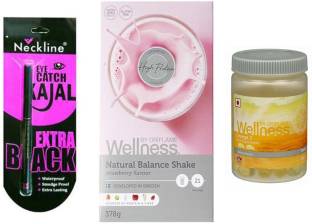 Oriflame Sweden Wellness Natural balance shake (strawberry , 500 g) and Omega 3 necline kajal (Set of 3)