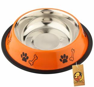 FOODIE PUPPIES Stainless Steel Paw Bone Printed Food Water Feeding Bowl for Dogs & Puppies (Medium, 700ml, Fiery Orange) Round Steel Pet Bowl