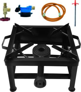 Cay MS Black Color Powder Coating Square Gas Bhatti/Stove with Fitted Brass Nut Hose Pipe, High Pressure Regulator and Valve (12Lx12Wx8H Inch, Black) Iron Manual Gas Stove