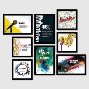 Music Theme Framed Combo Posters | Home Decor Wall Art | Restaurant Wall Decor | Restaurant Posters - Music Posters | Modern art | motivational quotes Posters for Living Room| Set of 8 Paper Print
