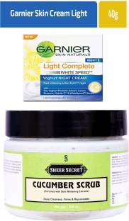 Sheer Secret Cucumber Scrub 300ml and Garnier Light Complete White Speed Yoghurt Night Cream 40gm