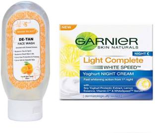Sheer Secret DE-TAN Face Wash 100ml and Garnier Light Complete White Speed Yoghurt Night Cream 40gm