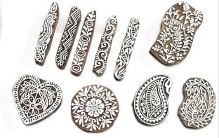 Henna Tattoos Scrapbooking Clay Pottery Royal Kraft Blocks for Block Printing Stamps Wooden Printing Block for Saree Border Textile Printing Set of 10 