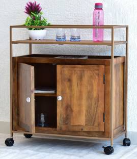 SamDecors Solid Wood Adam Multipurpose Bar Trolley with Wheels with Two Door Natural Brown Cabinet and Iron Frame in Golden Finish Wooden Kitchen Trolley