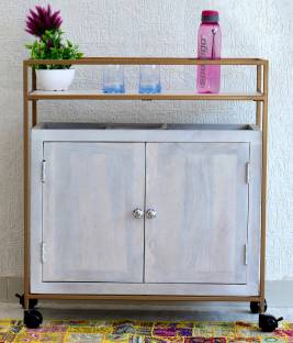 SamDecors Solid Wood Adam Multipurpose Bar Trolley with Wheels with Two Door White Cabinet and Iron Frame in Golden Finish Wooden Kitchen Trolley