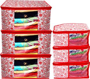 Billion Designer Leaf Design Non Woven 3 Piece Saree Cover/Cloth Wardrobe Organizer And 3 Pieces Blouse Cover Combo Set (Red) -BILLION38404 BILLION038404