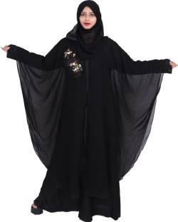 Dubai Collection B_15 FARSHA DOUBLE LAYER ABAYA FLORAL WORK NIDA FABRIC WITH SCARF HIJAB Crepe Chiffon Self Design Abaya With Hijab