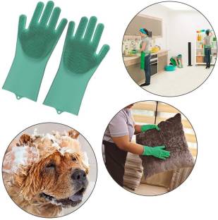 Glun Reusable Rubber Silicon Household Safety Wash Scrubber Heat Resistant Kitchen Gloves for Dish washing, Cleaning, Gardening Wet and Dry Glove hand gloves for kitchen Wet and Dry Glove Rubber  Safety Gloves
