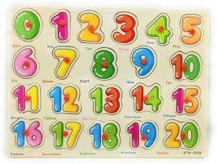 Johnnie Boy Numeric Numbers 1 To 20 Wooden Puzzle Board for Kids with Knobs & Pictures, Colorful Early Learning & Educational Montessori Toys for Kindergarten & Pre-School Toddlers
