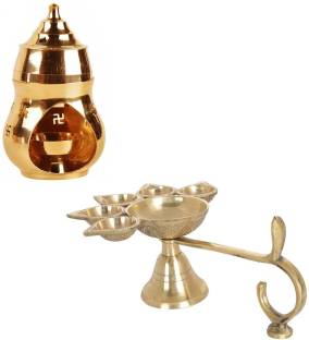 Panch Aarti ~ Hindu Puja Camphor Burner w/ Camphor Tablets ~ 5 Face Brass Diya Lamppuja Thali with Panchpatra Palli and Kalash in Copper by SHOPPERS CHOICE 