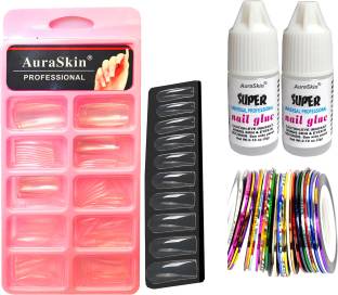 AuraSkin New Transparent Artificial Nail 100pcs Fake acrylic Nail Tips Best False Nails with 2pcs Strong Nail Glue