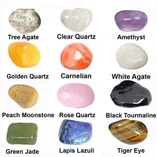 Crystu Natural 12 Chakra Tumble Stone Kit Amethyst Clear Quartz Carnelian Peach Moonstone Tree Agate Black