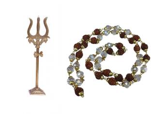 Stylewell Combo of 2 Pcs Trishul Statue With Square Stand And 33 Cm Long Cap Mala For Puja Purpose Brass