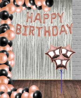 SOI Solid Happy Birthday Rose gold Foil Set with 30 HD Metallic Balloons Kit with Curtains and Star Balloon