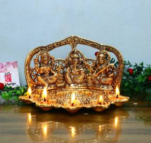 Chhariya Crafts Laxmi Ganesh Saraswati Idol With 5 Face Diya For Home And Office Aluminium Table Diya