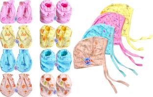 V.B.K Baby Care Combo Set Of Hand Mittens (4 Pair), Leg Booties (4 Pair) and Cap (4 Piece), Hosiery Soft Fabric Material, 0 to 4 Months, Multicolor