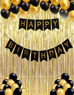 Rhythm Combo of 35, 1 Piece Happy Birthday Banner, 30 Black and Golden Balloon, 2 Curtains, great Product