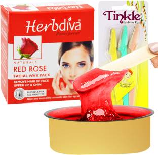 Herbdiva Katori Facial Wax Red Rose 80g With Eyebrow Razer,(101RZR), Pack of 2