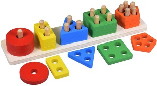 Kids Wooden 3 Rods Rainbow Geometry Blocks Sorting Stacker Toy Early Learn 