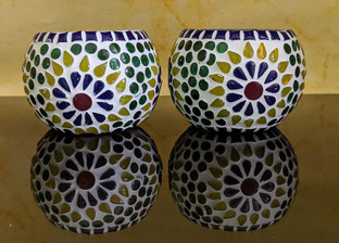Tea Light Holder Votive Set of 2 Multicolor Flowers Glass Mosaic Candle Holder 