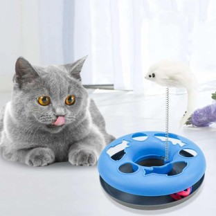 Rotating Cat Windmill Toy with Spring Ball Goutronics Interactive Cat Toy for Indoor Cats Cat Turntable Toy with Catnip Ball and Suction Cup Blue 
