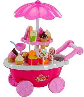 OMSAI Ice Cream Candy Trolley Cart Pretend Play Set with Music and Lights for Baby Kids