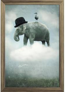 Elephant With A Hat & A Gull Paper Poster Antique Golden Frame | Top Acrylic Glass 9inch x 13inch (22.9cms x 33cms) Paper Print