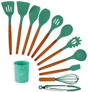 Duerer Silicone Cooking Utensil Set BPA Free Kitchen Gadgets Utensil Set for Nonstick Cookware Black Grey Kitchen Utensils 36 Pcs Cooking Spatula Turner Heat Resistant Tools with Wooden Handle 