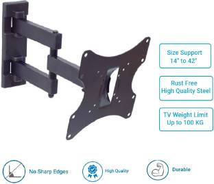 Sauran LCD/LED/PLASMA TV Swivel Type Movable Wall mount Bracket / Stand Full Motion TV Mount 4.17,203 Ratings & 913 Reviews Full Motion TV Mount Color: Black Maximum Support TV Size: 42 inch Minimum Support TV Size: 14 inch Weight: 1.85 kg W x H x D: 22 cm x 22 cm x 37 cm (8 in x 8 in x 1 ft 2 in) 3 Month Domestic Warranty ₹534 ₹1,649 67% off Free delivery