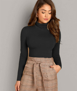 LIME Solid Women Turtle Neck Black T 