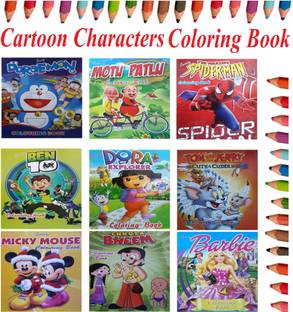 Cartoon Characters Colouring Books For Kids Pack Of 9 Children Drawing Activity Age 1 6 Years Old Doraemon Ben 10 Motu Patlu Spider Man Chhota Bheem Barbie