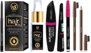 Crynn Smudge Proof HDA64 Makeup Beauty Kajal & Extra Strength Revitalising Hair Serum & Rosedale 3in1 Eyeliner , Mascara , Eyebrow Pencil & Rosedale Brown Eyebrow Pencil With Eyebrow Brush