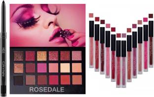 Crynn Smudge Proof Essential Makeup HD2 Beauty Kajal & Rosedale Rose Gold Remastered Eyeshadow Palette & Valentines Edition Set of 12 Liquid Matte Lipstick