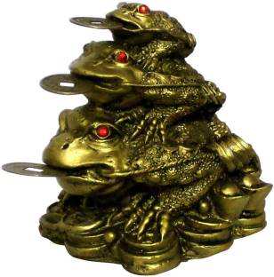 Aakriti Resin Feng Shui Money Frogs Three Legged Toads Hold Two Ignots on a Pile of Money for Wealth Luck Legged Money Frog on Bed of ingots Showpiece Gold Color Decorative Showpiece  -  8.5 cm