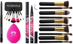 Crynn Smudge Proof Essential Makeup HD6 Beauty Kajal & Rosedale Powder Blender Sponge Puff & Yanqina 36H Deep Black Liquid Eyeliner & Set of 7 Makeup Brush & Professional Set of 10 Makeup Brush