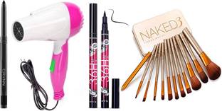 Crynn Smudge Proof Essential Makeup HD5 Beauty Kajal & Rosedale 2 Speed Foldable Saloon Hair Dryer & Yanqina 36H Deep Black Liquid Eyeliner & Naked 3 Set of 12 Makeup Brush